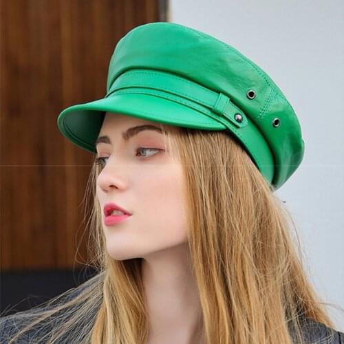 100% High Quality Genuine Leather Unisex Military Hat Winter Warm Outdoor First Layer Sheepskin Leather Hat Military Hat Women