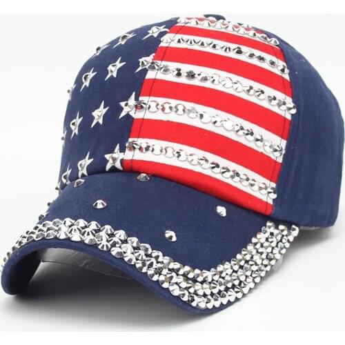 2021 Fashion American Flag Stars Baseball Caps Women Men Big Rhinestone Snapback Hip Hop Flat Shiny Hat Independence Day