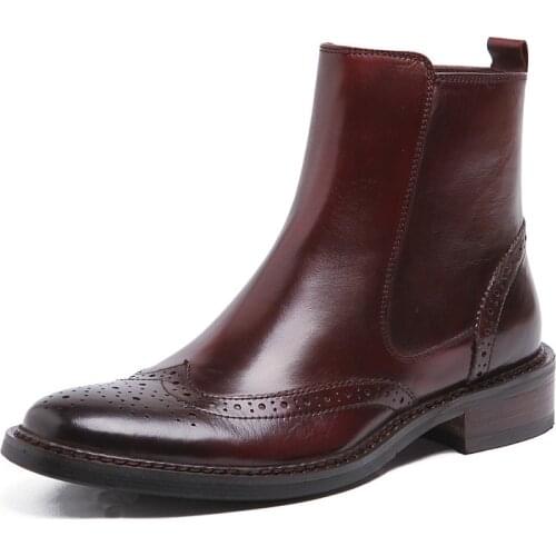 Vintage Genuine Leather Men Ankle Boots British Luxury Round Toe Zip High Top Work Wedding Man Wingtip Brogue Shoes Plus Size