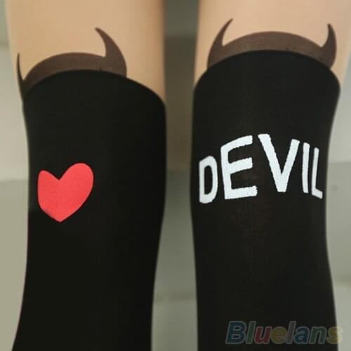 Lovely Devil Tatto Printed Nude Black Spliced Fake Knee High Stocking Tights Pantyhose 5PZ5 AHYQ
