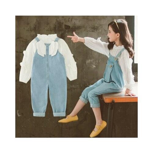 Girls Elegant Shirt+ jean Jumpsuit Clothing Set angel Kids Clothes Suit For Girl 6 8 12 Years Childrens Costumes Casual clothes