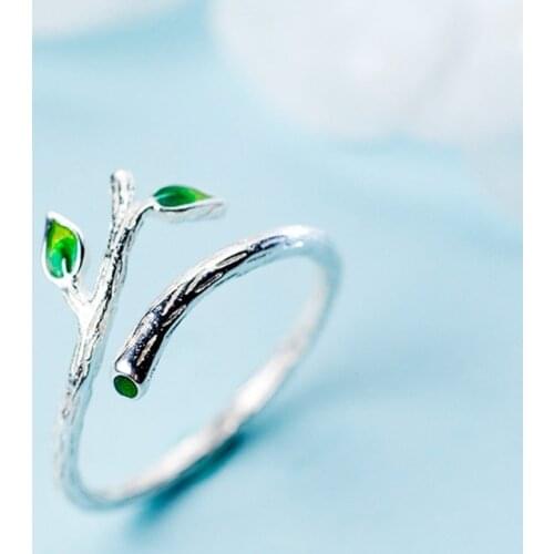 Korea Creative Green Leaf Branch Opening Ring Exquisite Crystal Zircon Silver Color Ring Accessories Fashion Party Jewelry Gift