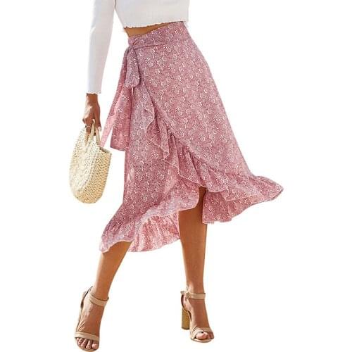 Summer Women Chiffon Skirts Sexy Lace-Up Irregular Floral Print Ladies Slim Casual Beach Holiday Midi Skirt Femme 2021