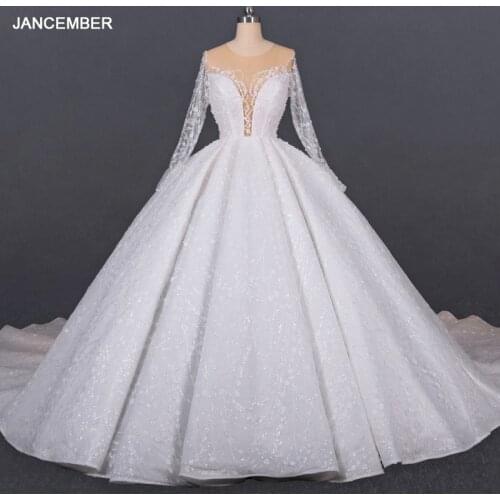 LSDZ13 JANCEMBER European-style Lace-up Sewing Beads Wedding Dress Sequins Sexy Lace Mesh Round Neck Long Sleeve Wedding Gown