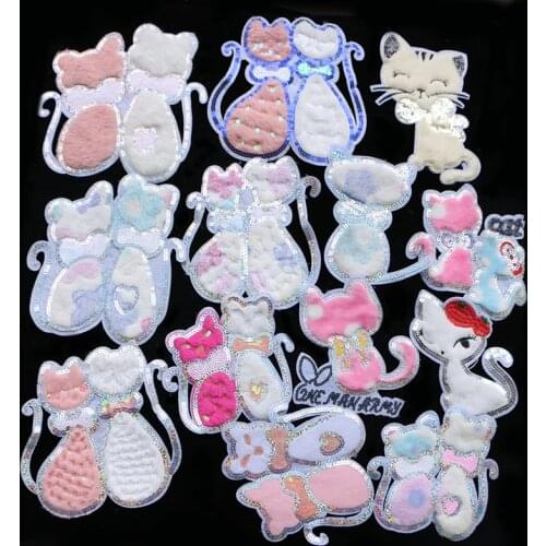 Cartoon Color flannel Patch Cat Sequins icon Embroidered Applique Patches For kawaii clothes DIY Iron on Badges on a backpack