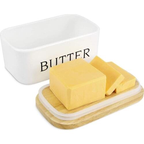 Nordic Butter Box Ceramic Butter Sealing Plate with Wood Lid and Knife Cheese Food Storage Tray Kitchen Butter Dish Container