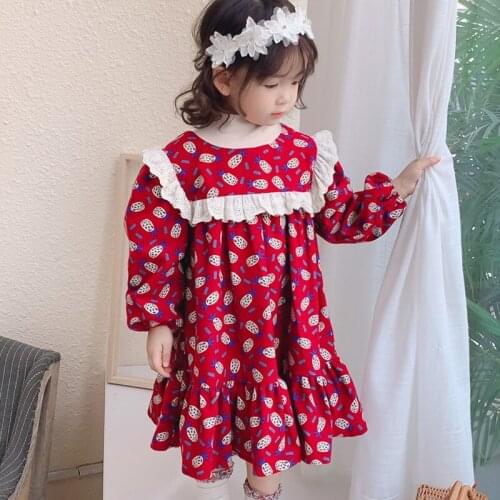 Girls Dress Lace Fruit Fake Two-Piece Plus Velvet Padded Princess Dress Warm Christmas New Year Winter ChildrenS Clothes