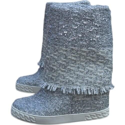 Real photos woman Silver bright leather inner heightened middle boots round toe women silver tassel inner wedge heel boots