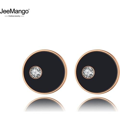 JeeMango Trendy Stainless Steel Black Acrylic Circle Bohemia Party Earrings For Women Rose Gold CZ Crystal Stud Earrings JE19250