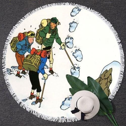 The Adventure Of TinTin Round Tassels Beach Towel Yoga Matt Swim Cover Cloth Round Beach Towel Animation Cartoon Blanket