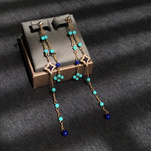 UMGODLY Fashion Cross Earrings Yellow Gold Color Dainty Blue Stones Chain Drop Earrings July New Women Girls ROMA Jewelry Gift