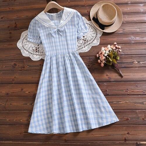Lolita Harajuku Japan JK Plaid Bow Lace Sailor Peter Pan Collar Sweet Preppy Style Mori Girl Kawaii A Line Dress Plus Size 2021