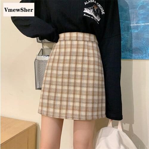 VmewSher New Vintage Autumn Spring High Waist Skirt Women Fashion Plaid Retro A-line Office Lady Elegant Wrap Hip Mini Skirts