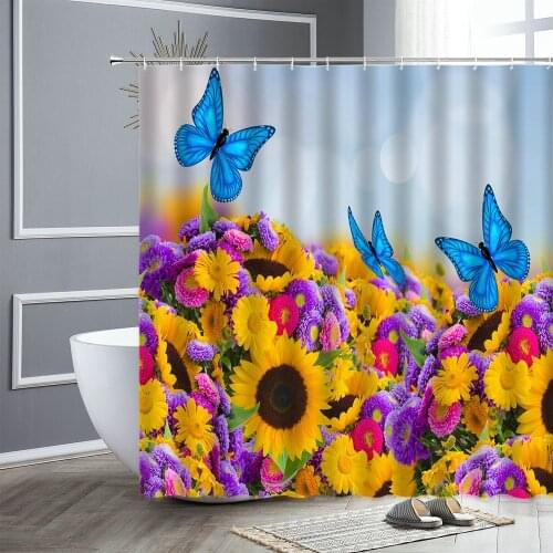 Spring Garden Shower Curtain Yellow Daisy Blue Butterfly Green Plants Waterproof Fabric Bathroom Curtains Bathtub Decor Screen