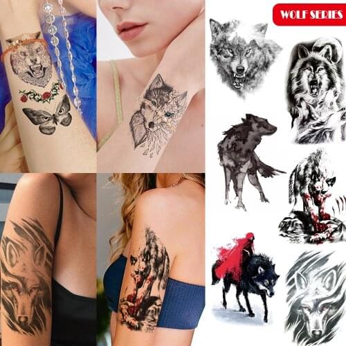 Wolf temporary tattoo sticker Black ink color Waterproof fake tattoos Wolf Animal body tattoo Women arm Water Transfer tattoos