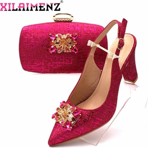 High Quality 2020 INS Design Italian Ladies Party Matching Shoes and Bag Set in Fuchsia Color African Women Shoe and Bag