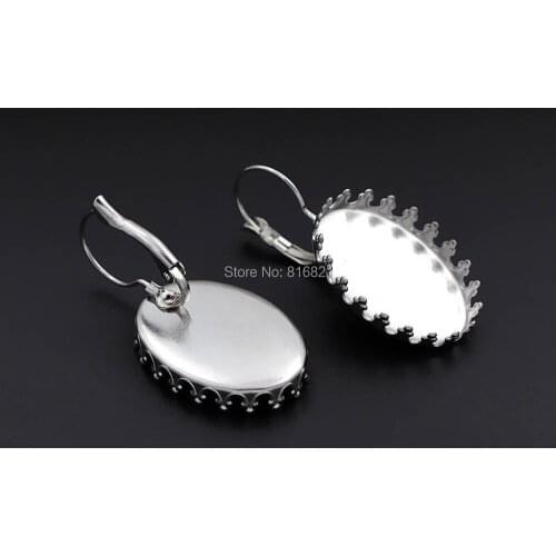 Stainless Steel Leverback Ear Wire Clip Hook Earrings Oval Crown Bezel 13x18mm 18x25mm Glass Cabochons Base DIY Findings NO Fade