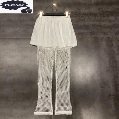 Runway Women Hollow Out Shiny Rhinestones Sexy Elastic Waist Patchwork Loose Fit Breathable Pants Designer Long Trousers