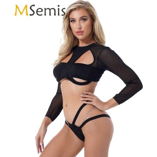 Womens See-through Mesh Sexy Lingerie Set O Neck Long Sleeve Cutout Crop Top with Thongs Bikini Bottom Ladies Swimsuit