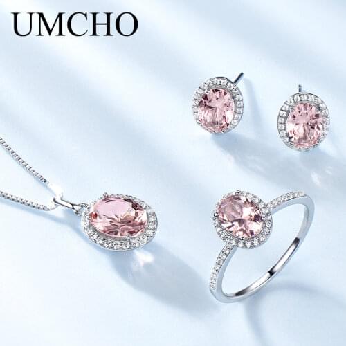 UMCHO Created Pink Sapphire Jewelry Sets Elegant 925 Sterling Silver Jewelry Necklaces Rings Earrings For Women Wedding Gifts