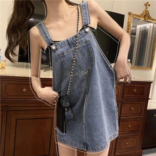 Womens Summer Korean Fashion High Waist Loose Denim Strap Mini Dresses One-piece Short Skirt Pocket Vintage Met y2k Sexy Casual