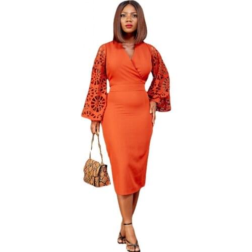 Women Elegant Bodycon Dresses V-Neck Long Sleeves High Waist Office Ladies Work Wear Package Hip African Fashion Spring Autumn