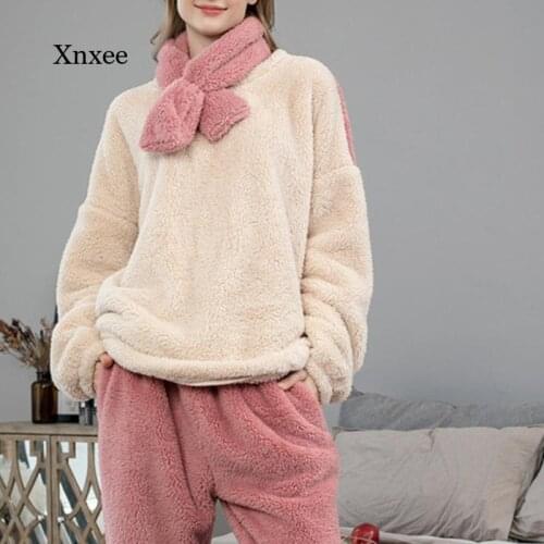 Winter Womens 3-Piece Set of Korean Soft Velvet Pajamas Round Neck Scarf Loose Home Service Thickened Warm Flannel Home Service