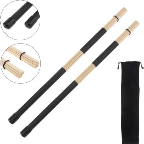 1 Pair 40cm 15.7inch Durable Jazz Drum Brushes Black Rubber Handle Bamboo Drumsticks with Velvet Bag