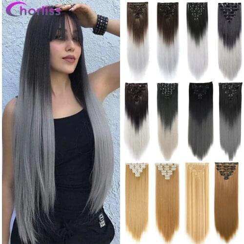 Synthetic Long Straight Women Clip in Hair Extensions 22" Fake False Hair Pieces Natural Black Brown Blonde Styling Hair 7Pcs