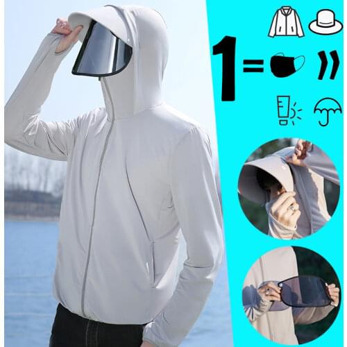 Anti-UV Fishing Jacket with Big Brim Face Mask Men Women Cycling Suit Running Sun Hat Sportswear Ice Silk Sunscreen Skin Coat