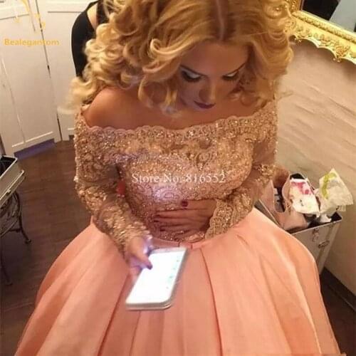 Bealegantom Cheap Pink Quinceanera Dresses 2021 Ball Gown Off Shoulder Lace Crystal Beaded Long Sleeves Sweet 16 Party Dress B