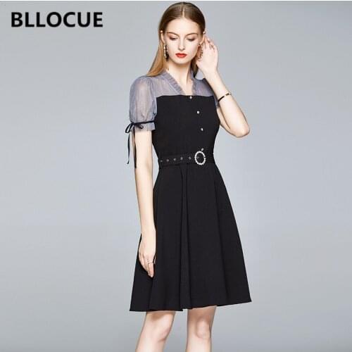 BLLOCUE Womens Summer New Short Sleeve Temperament V-neck Black A-Line Dress Fashion Mesh Patchwork Slim Dress With Belt