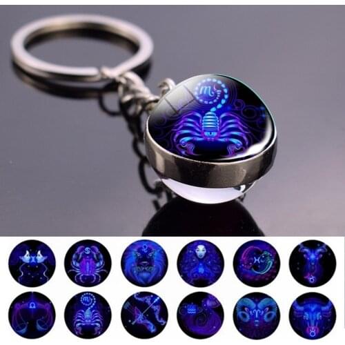 12 Constellation Keychain Glass Ball Pendant Zodiac Key Rings Jewelry Birthday Gift Scorpio Leo Libra Sagittarius Aries Keyrings