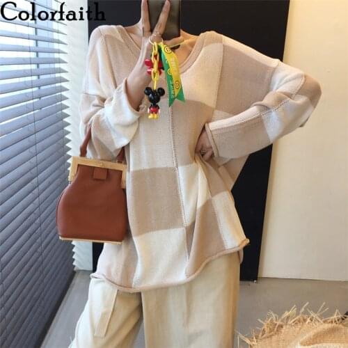 Colorfaith New 2021 Women Autumn Winter Sweater Knitted Oversized Patchwork Checkered Fashionable Vintage Pullovers Tops SW2140