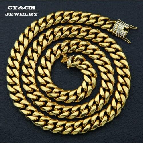CY&CM 14mm Iced Out Cuban Luxury Chain Necklace Mens Hip Hop Rapper Jewelry Stainless Steel Bling Rhinestone Clasp Link 18" 30"