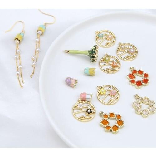 DIY Jewelry Findings 10pcs/Lot Enamel Alloy 3D Zinc Alloy Crystal rhinestone Floral Charms Ornament Accessories Fashion Earring