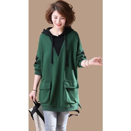 Women Sweat Shirt 2021New Spring Fall Loose Plus Size Sweat Shirt Mid-length Splicing Tops Middle-aged Mother Hooded Top D940