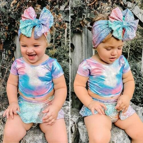 6M-4T Kids Baby Girls 3Pcs Bikini Set Tie Dye Swimsuit Set Short Sleeve Mermaid Crop Top + Sequins Skirt + Bowknot Headband