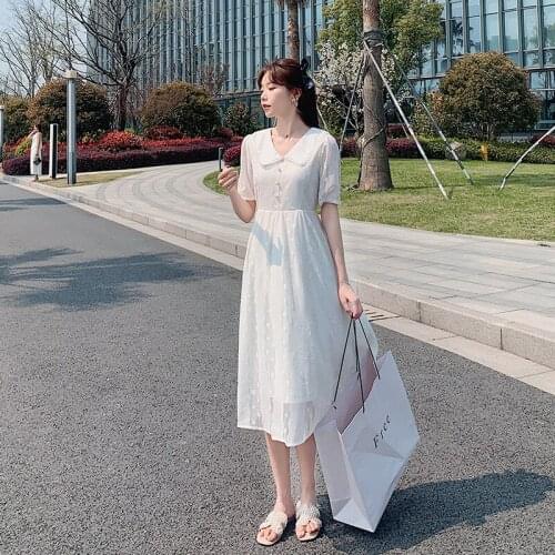 Summer New Lace Dress Short Sleeve Dress Women Fairy Slim White A-line Dress Womens