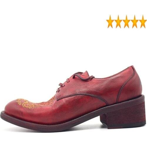 Chinese 2021 Runway Fashion Red Style Embroidered Genuine Derby Round Toe Lace Up Luxury Leather Dress Shoes Men