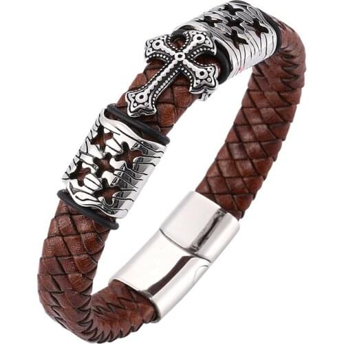 New Vintage Braided Leather Men Bracelets Stainless Steel Cross Charms Cuff Bracelets Bangles Trendy Men Wrist Band Gifts PD0081