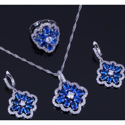 Distinctive Flower Blue Cubic Zirconia White CZ Silver Plated Jewelry Sets Earrings Pendant Chain Ring V0287