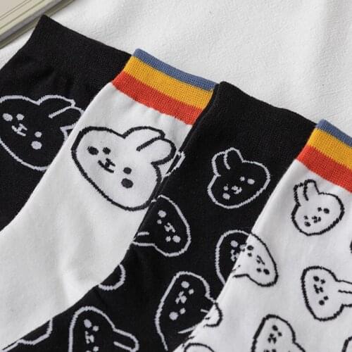 4 Pairs Pack New Harajuku Cotton Socks Black White Women Creative Printing Socks Fashion Cute Sports Casual Long Girls Socks