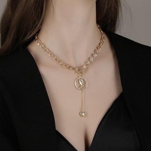 Carved Head Long Heart Pendant Necklace for Women OT Buckle Thick Chain Inlaid Zircon Gold Colour Neck Clavicle Choker Jewelry