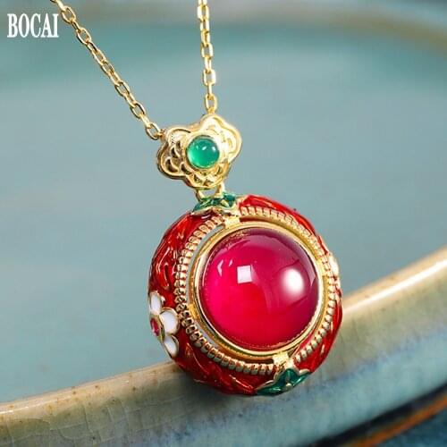 BOCAI New wild ethnic style necklace real s925 silver jewelry burnt blue enamel womens red corundum pendant
