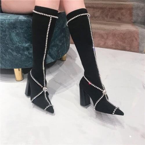 Sexy Shiny Rhinestone Straps Embellished Knitting Stretch Boots Chunky High Heels Fashion Women Slim Leg Winter Long Boots