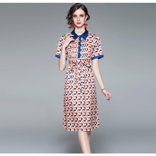 WTIANYUW Elegant Turn Down Collar Belt Printed Slik Dress Womens Summer 2021 New Temperament Mulberry Silk Dress