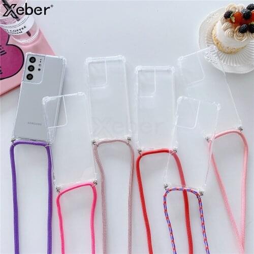 Luxuru Crossbody Necklace Lanyard Phone Case For Samsung Galaxy S21 Ultra S20 Plus Transparent Soft Silicone Strap Chain Cover