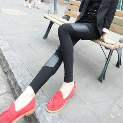 Sexy Faux Leather Leggings Women Black High Waist Patchwork Stretch Pencil Pants Jegging Casual