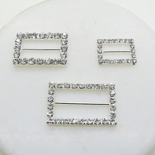 10pcs/lot Silver Rectangle Rhinestone Buckles Ribbon Slider for Wedding Invitation Card Hair Chair Bows Craft Accessories